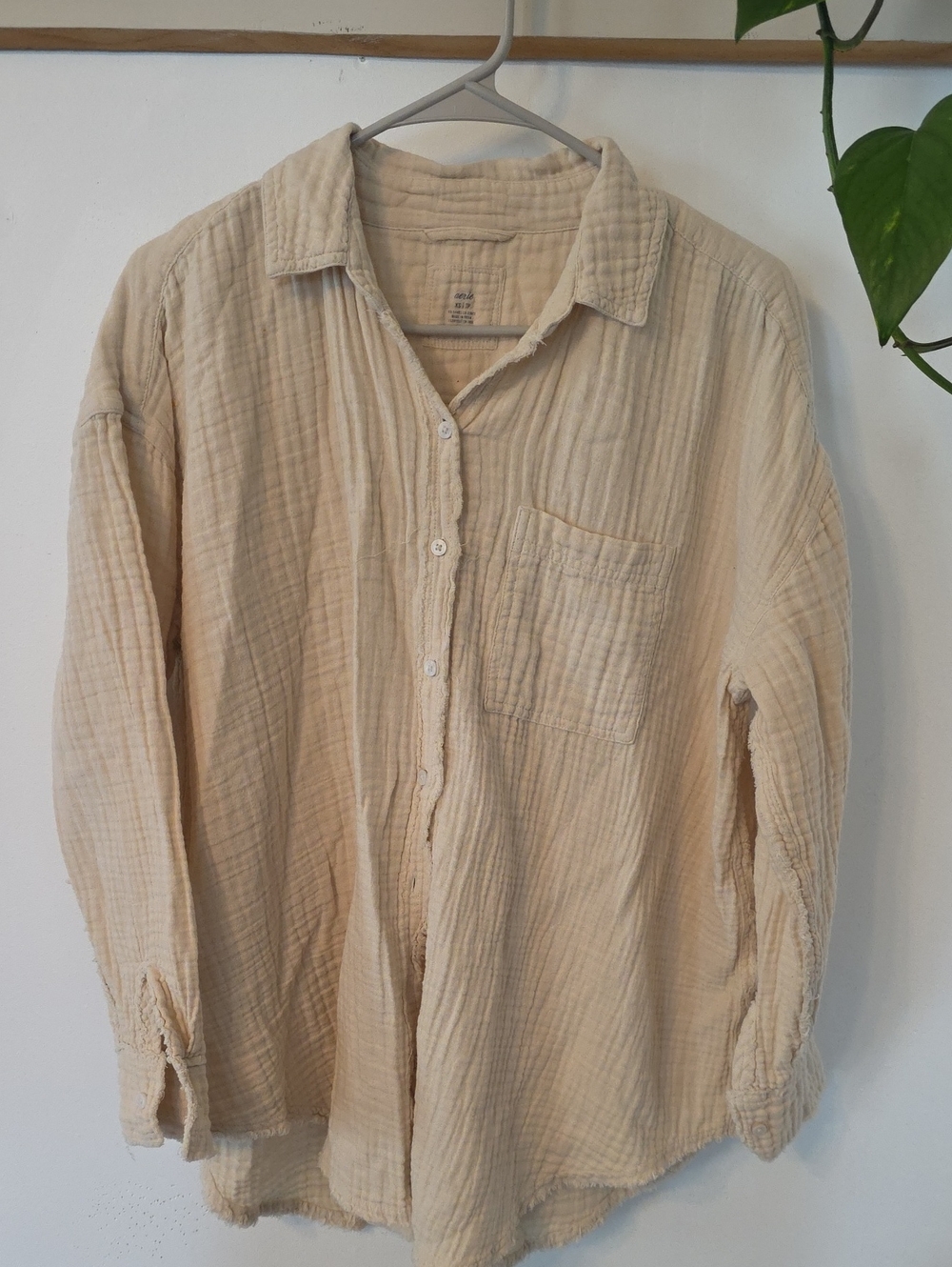 aerie Cream Button-Front Gauze Shirt